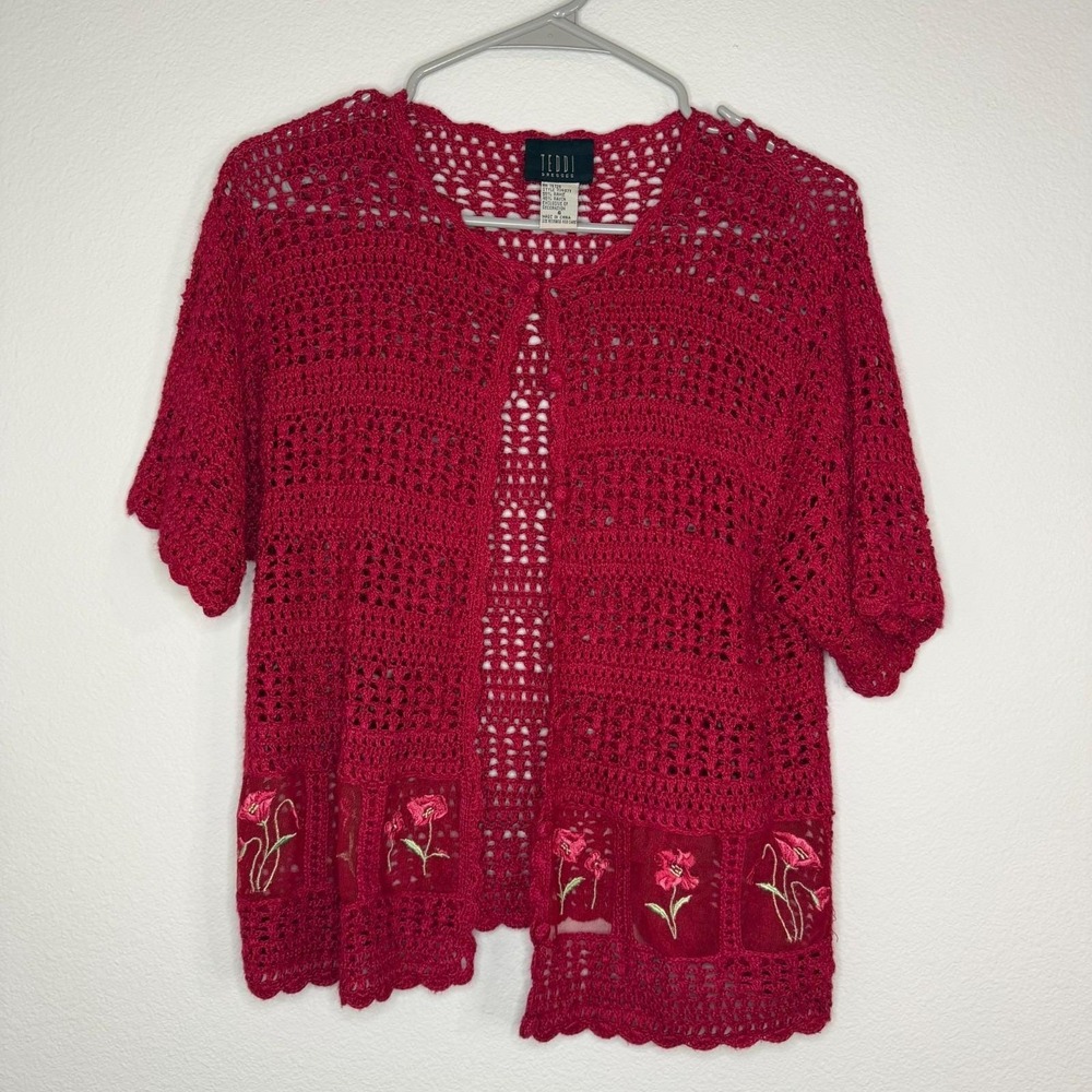 Vtg Loose Knit Crochet Cardigan Embroidered Florals Red 6 Boho Hippie Festival